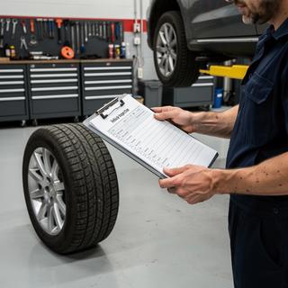 Werkstatt-Szene mit Reifen und Service-Checkliste