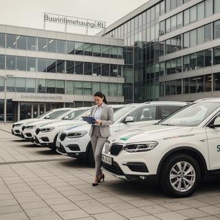 Fuhrparkfahrzeuge vor Bürogebäude, Entscheidung Kauf Leasing Abo