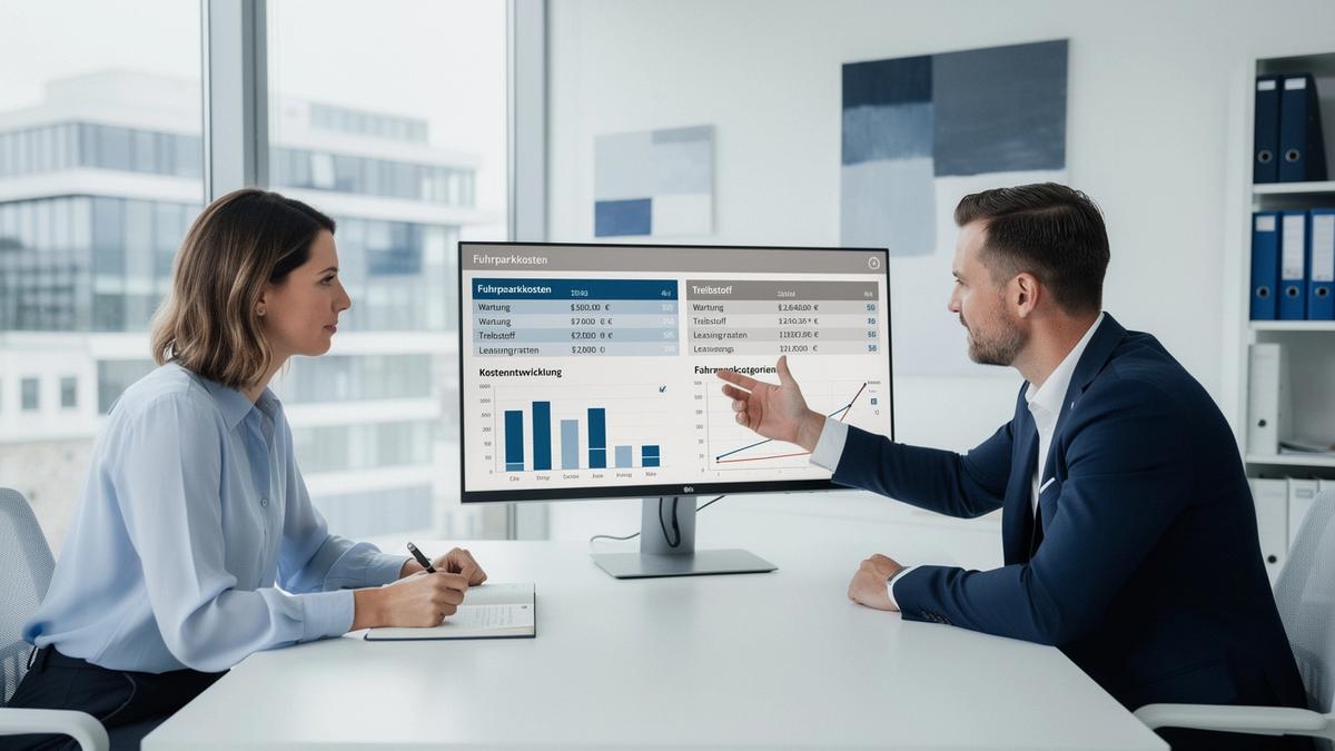 Beratungsszene: Fuhrpark- und Kostenanalyse am Bildschirm